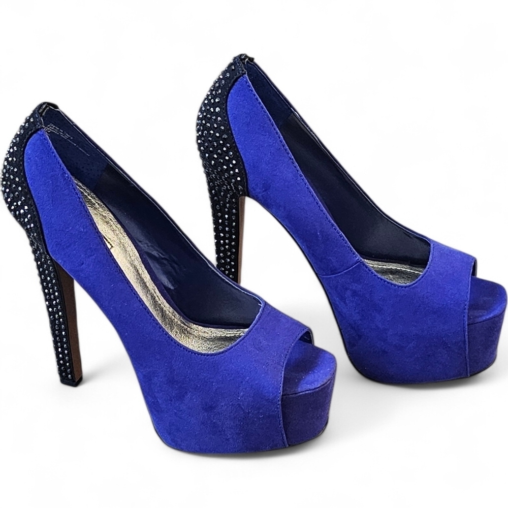 Bakers Royal Blue Suede Platform Peep-Toe Heels with Embellished Black Heel